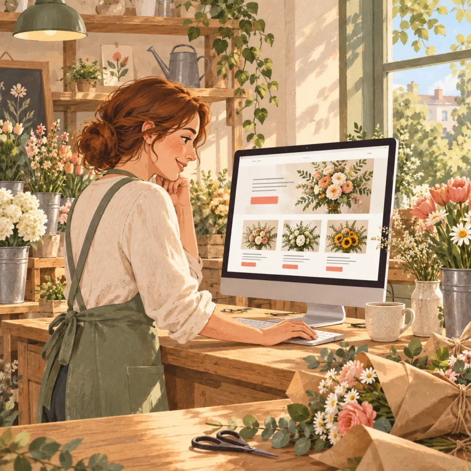 Illustratie van een bloemist die in haar winkel haar eigen website bekijkt