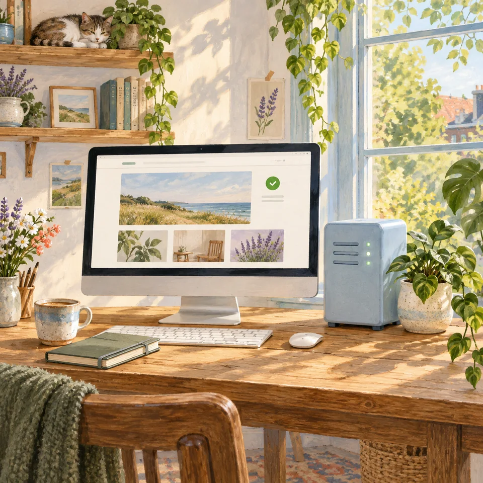 Illustration of a sunny workspace with a website on a screen and a small server